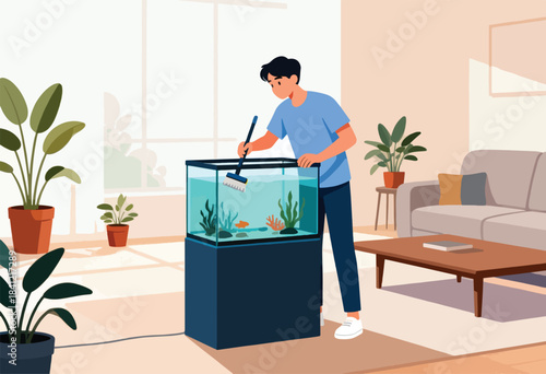 A person in a blue shirt cleans a fish tank with a tool, surrounded by plants and furniture