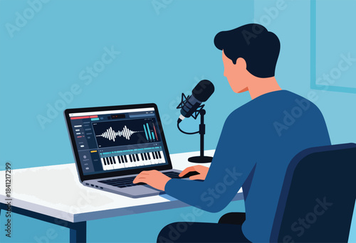 Illustration of person seated at a desk recording audio with microphone, laptop displaying a music production interface