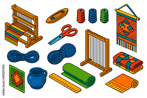 Artisan Weaving Icons. Avalanche safety scene with friendly snow layers, climbers practicing rescue, and dogs wagging tails in the