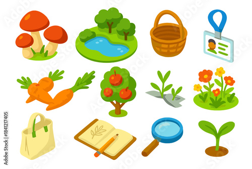 Urban Foraging Icons. Cute doodle baboon troop "democracy" with smiling baboons gathered, cartoon leader gestures, cheerful trees