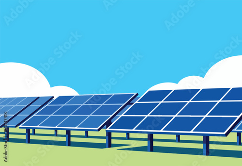 A row of stylized solar panels on green ground with blue sky and white clouds