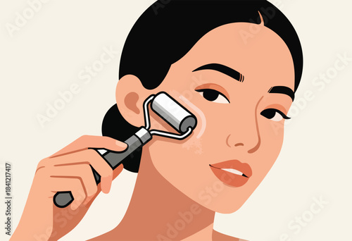 Illustration of a woman using a facial roller, with black hair and tan skin, against a neutral backdrop
