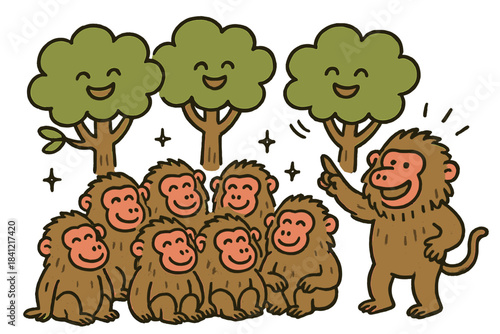 Baboon Troop Meeting. Solid style icons of Ocean Exploration: Submarine, Diving Helmet, Coral, Starfish, Shipwreck, Treasure Chest