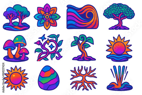 Psychedelic Nature Icons. Isometric vector illustration set Urban Foraging: mushroom cluster, city park pond, round basket,