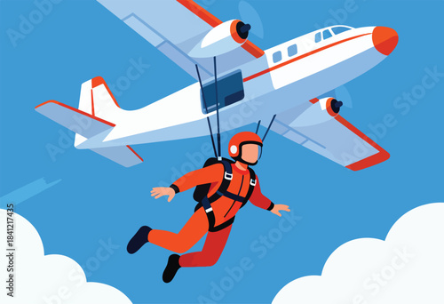 A skydiver in an orange suit jumps from a plane, blue sky and white clouds fill the background