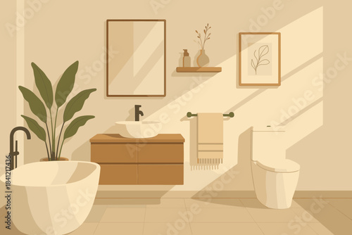 Minimalist Bathroom Design. Modern bathroom interior vector illustration with minimalist décor and natural wood accents,