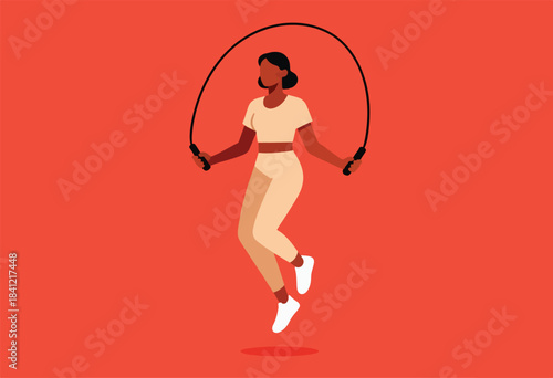 A vector illustration depicts a woman jumping rope against a red background. Clean, simple, modern aesthetic