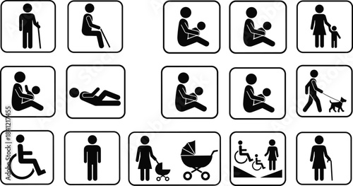 Public service and accessibility icons set showing family care, elderly support, childcare symbols, wheelchair access, walking assistance, mother and child illustrations