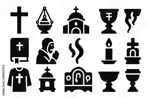 Byzantine Religious Elements. Solid style icons of Byzantine religion: altar cross, censer, church dome, chalice, gospel book,