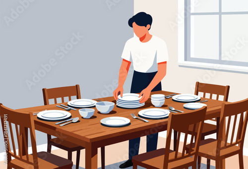 An illustration shows a person setting a wooden table with plates, cutlery, bowls, and chairs in a neutral-toned room