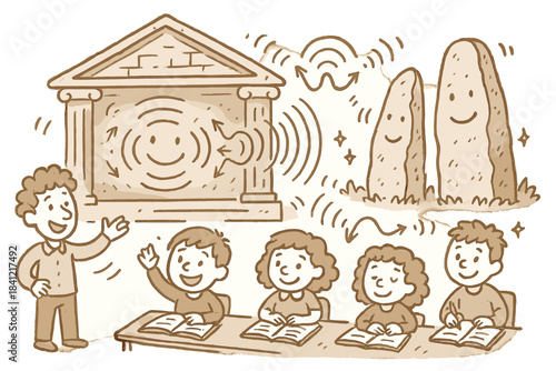Whimsical Archaeoacoustic Classroom. Whimsical doodle archaeoacoustic classroom with happy students, cartoon temple cross-section,