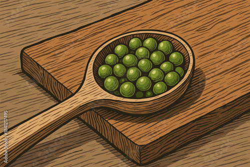 Peas on Wooden Spoon. Close-up of a wooden vector illustration spoon filled with fresh peas resting on a rustic cutting board,