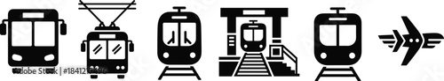 Public transportation icons set featuring bus, trolleybus, tram, metro train, railway station, subway front view and airplane travel symbol illustration
