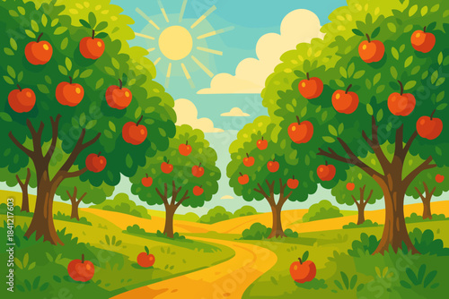 Sunlit Orchard Bliss. Scenic orchard filled with ripe apple trees under a bright blue sky, soft golden sunlight streaming through,