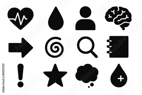 Physiological Reaction Icons. Solid style icons of physiological and emotional reactions: heartbeat, sweat droplet, human