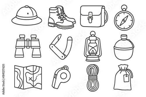Fieldwork Equipment Icons. Line style icons of classic fieldwork: explorer hat, leather boots, satchel, compass; binoculars,