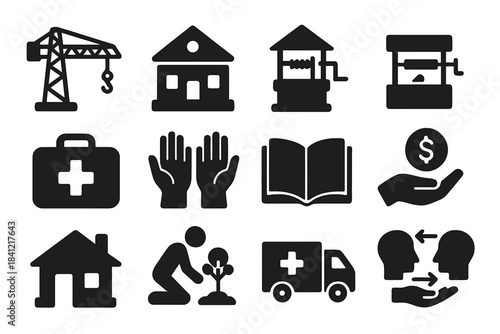 Peacebuilding Icons Collection. Solid style icons of Peacebuilding Efforts: reconstruction crane, community center, water well,