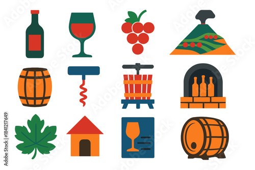 Vineyard Icon Collection. Flat vector icons of vineyard culture on volcanic slopes: wine bottle, wine glass, grape cluster,