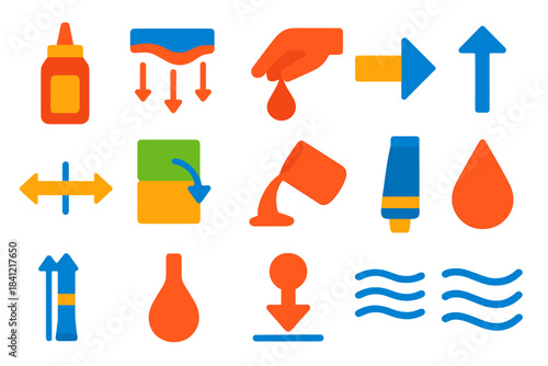 Shear-Thinning Fluid Icons. Flat vector icons of ketchup and shear-thinning fluids: ketchup bottle, flow under stress, squeeze
