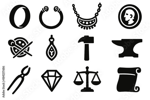 Ancient Metalwork Icons. Solid style icons of ancient jewelry and small metalwork: ring, bracelet, necklace, coin, brooch, pendant