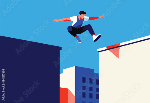 A person in athletic clothing performs a jump between two buildings, stylized in an abstract minimalist form