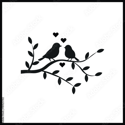 Spring vector illustration of a pair of silhouette birds on a flowering tree branch with leaves and a floral pattern