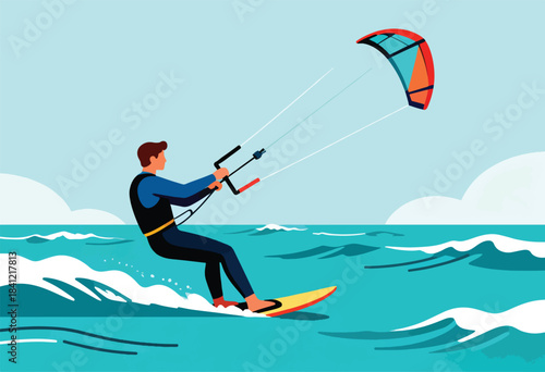 An illustration shows a person kitesurfing on turquoise waters with a colorful kite against a light blue sky