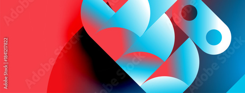 Abstract shapes blend vibrant red, blue hues. Overlapping circles create dynamic composition, modern feel. Smooth gradients suggest depth, movement.