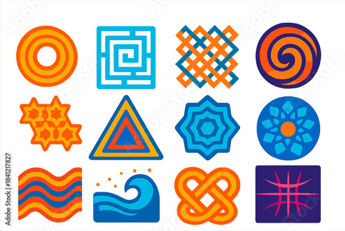 Vibrant Geometric Icons. Flat vector icons of Infinite Patterns: recursive circles, geometric maze, endless lattice, spiral vortex