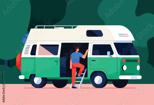 A person climbs into a green campervan, set against a dark green backdrop. The scene suggests adventure