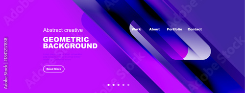 Vibrant abstract design. Geometric shapes overlap, creating dynamic visual effect. Website header with navigation options visible.