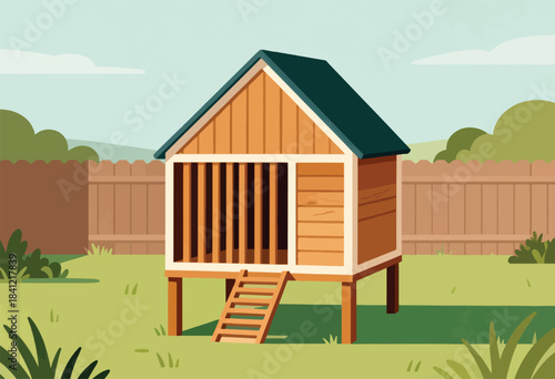 An illustration depicting a wooden coop in a yard setting with a fence, greenery, and a sky backdrop