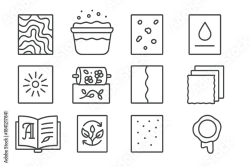 Decorative Papermaking Icons. Line style icons of decorative papermaking: marbled sheet, dyed pulp, gold fleck, watermark;