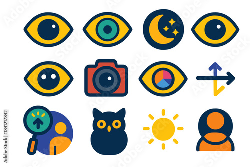 Nocturnal Vision Icons. Flat vector icons of nocturnal and low-light vision adaptations: dilated pupil, tapetum reflectance, night