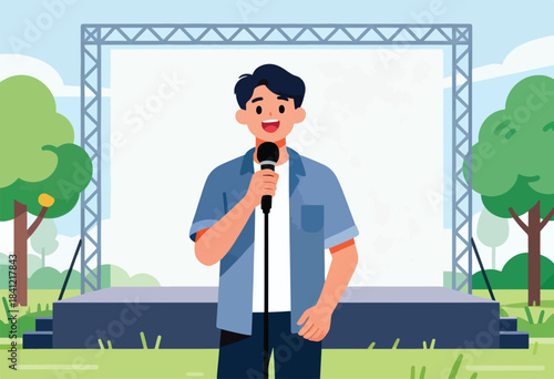 A cartoon man with a microphone on a stage in a park. Trees and a blank backdrop are visible