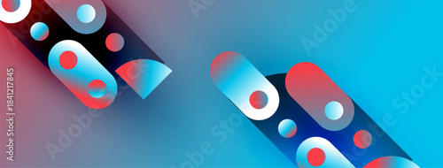 Abstract geometric shapes, vibrant colors, diagonal lines create dynamic composition. Blue, red, white dominate visual space.