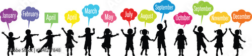 Silhouette children holding colorful speech bubbles with months of the year, educational calendar design for learning, school activities and kids classroom decor