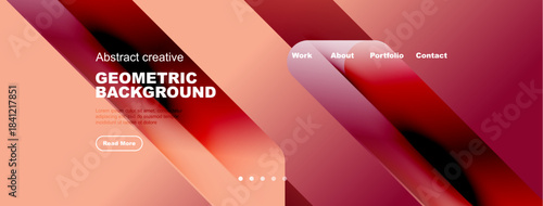 Abstract geometric design. Red, pink hues dominate. Website header features navigation options, text, button. Modern aesthetic.