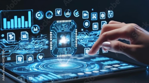 A hand interacts with a holographic interface displaying data visualizations and a central circuit board graphic. The image depicts a futuristic concept of data analysis and technology interaction.