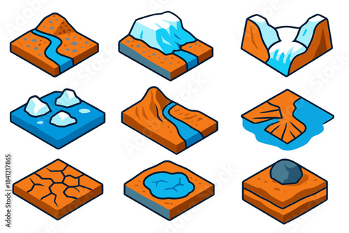 Glacial Retreat Icons. Isometric vector illustration set Glacial Retreat: terminal moraine debris, blue meltwater stream, glacier