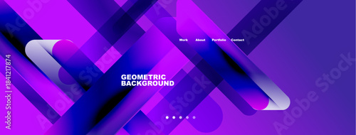 Abstract purple design. Overlapping shapes create dynamic visual effect. Minimalist text elements present portfolio information. Modern, sleek aesthetic.