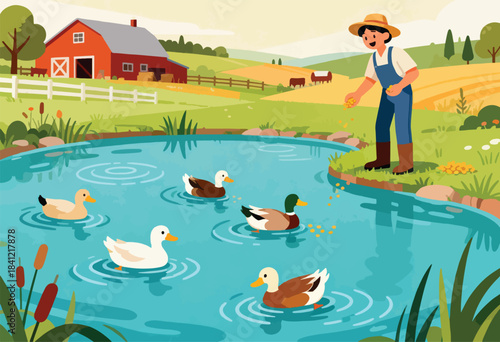 A farmer feeds ducks in a pond, with a red barn in the background. The scene depicts a farm life