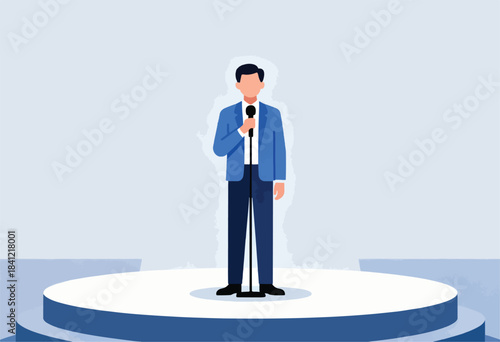 A man in a blue suit holds a microphone on a stage. Flat illustration, simple design with a minimalist aesthetic
