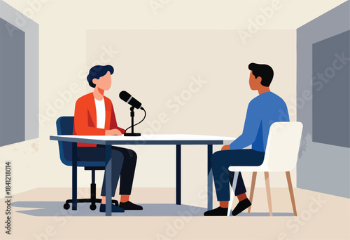 Illustration depicts a podcast recording. Two figures sit at a table facing each other, a microphone between them