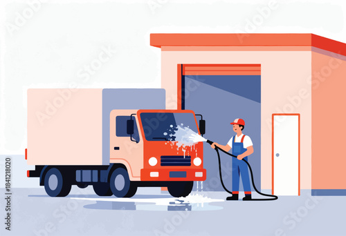 A worker washes a delivery truck with a hose at a garage. Stylized illustration with vibrant colors