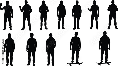 Silhouette collection of standing male figures in various poses with hoodie clothing and skateboard elements, isolated black silhouettes for design usage
