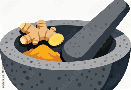 Cartoon depiction of mortar and pestle with ingredients ginger and orange powder. Ingredients are ready for grinding