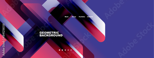Abstract geometric design. Vibrant colors overlap creating dynamic visual effect. Minimalist text elements present website navigation.
