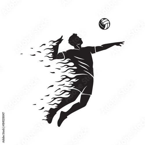 Dynamic Volleyball Player Silhouette Spiking Ball with Fire Effect. Male Athlete Jumping for Smash Attack. Abstract Sport Vector Illustration Isolated on White Background.
