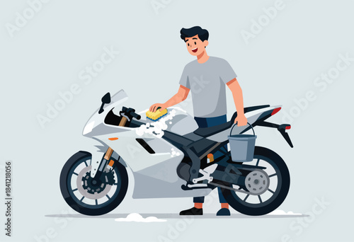 A man washes a white sports motorcycle with a sponge and soapy water, holding a bucket. Illustration